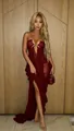 Vestido maxi sexy de malla transparente granate con cuello halter y abertura lateral - Burdeos