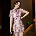 Elegant modern Chinese style two-piece Qipao set with purple floral lace pattern detail - S / Top And Bottom / Purple