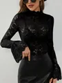 Detailed view of sexy black paisley lace slim fit top with elegant bell sleeves - S / Tops / Black