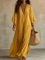 Detailed view of yellow bohemian lace patchwork V-neck long maxi dress with batwing sleeves - Yellow
