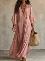 Detail view of pink bohemian maxi dress with elegant lace trim and V-neck - S / Dresses / Pink