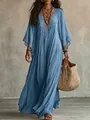 Full view of a blue lace patchwork V-neck long dress with batwing sleeves for vacation - Blue