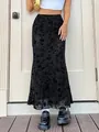 Jupe sirène mi-longue élégante à fleurs noires avec taille haute pour le printemps - S / Bas / Noir