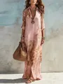 Elegante maxi abito in chiffon rosa a maniche lunghe con stampe digitali boho vintage - XS / Rosa