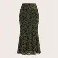 Jupe midi sirène à imprimé fleuri vert foncé avec taille haute et ourlet évasé - S / Bas / Vert Foncé