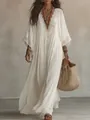 Elegant white lace V-neck maxi dress with batwing sleeves for bohemian beach holidays - S / Dresses / White