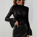 Elegant black paisley lace slim-fit top featuring stylish long flare sleeves for women - S / Tops / Black