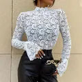 Elegant white paisley lace slim fit top featuring high neck and stylish flare sleeves - S / Tops / White