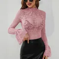 Elegant pink paisley lace mock neck top featuring flared bell sleeves and a slim fit - S / Tops / Lotus Pink