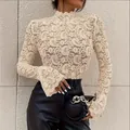 Elegant apricot lace top featuring delicate paisley pattern and stylish bell sleeves for women - S / Tops / Apricot