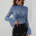 Blue paisley lace slim fit top with elegant bell sleeves and high frill neck detail - Pale Blue