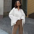 Elegant white satin blouse with scarf collar and tiered ruffle cuffs for women - S / Tops / Beige