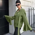 Sophisticated olive green satin tie-neck blouse with elegant ruffle bell sleeves for women - S / Tops / Green