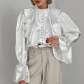 Elegant white satin ruffle blouse with high collar and flared lantern sleeves for women - S / Tops / White (In Stock)