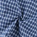 Detailed macro shot of vintage blue and white checkered plaid cotton shirt fabric texture. - S / Tops / Blue Plaid