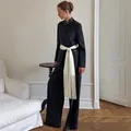 Elegant white satin tie-up belt with long fringe tassels for women's high-end outfits - M / Beige