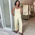 Elegant cream satin camisole and wide-leg trousers set for women's summer fashion - S / Top And Bottom / Apricot