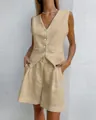 Detail view of this elegant beige linen-cotton vest and matching shorts set for women - S / Top And Bottom / Khaki
