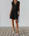 Chic black cotton-linen vest and shorts two-piece set for women's summer fashion. - S / Top And Bottom / Black