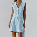 Elegant light blue cotton linen vest and high waisted shorts set for women summer fashion - S / Top And Bottom / Blue