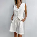 Elegant white cotton linen vest and high-waisted shorts set for summer commuter style. - S / Top And Bottom / White