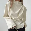 Elegant apricot cinched-waist long-sleeve chiffon blouse with mock neck for women - S / Tops / Apricot