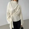 Elegant apricot French chiffon blouse with cinched waist and long sleeves for women - S / Tops / Apricot