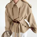 Elegant khaki cropped trench coat jacket featuring wide lapels and an adjustable waist belt - S / Tops / Brown