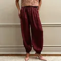 High-waist burgundy satin lantern pants for a chic loose fit casual commuter look - S / Bottoms / Burgundy