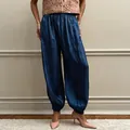 Women's chic dark blue satin harem pants with elastic cuffs and a high-waisted loose fit - S / Bottoms / Dark Blue