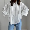 Elegant French style white cotton long-sleeved blouse with puff sleeves for women - S / Tops / White