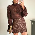 Elegant dark brown lace two-piece set featuring high-neck blouse and matching A-line skirt. - S / Top And Bottom / Brown