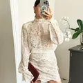 Elegant beige lace two-piece set featuring a high-neck blouse and A-line mini skirt - S / Top And Bottom / Apricot