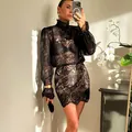 Elegant black lace long sleeve blouse and A-line mini skirt two-piece outfit - S / Top And Bottom / Black