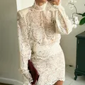 Elegant cream lace long sleeve blouse and A-line mini skirt two-piece set for women. - S / Top And Bottom / Apricot