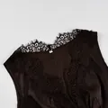 Close-up detail of dark brown satin top with black eyelash lace trim on V-neckline - S / Top And Bottom / Brown