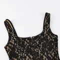 Detailed macro view of black floral lace corset camisole with front hook-and-eye closure - S / Tops / Black