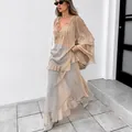 Bohemian khaki ruffled sheer maxi dress and lightweight beach sun protection cover-up - S / Khaki