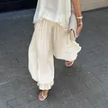 Elegante Franse stijl crème geplooide broek met bollen manchetten voor dames zomer - S / Bottoms / Abrikoos