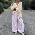 Lila damesbroek met textuur en wijde pijpen voor een zomerse look - S / Bottoms / Paars