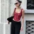 Sexy red floral lace corset camisole top with hook-and-eye front closure for women - S / Tops / Red