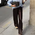 Elegant chocolate brown high-waisted satin wide-leg pants with a silky drape finish - S / Bottoms / Brown