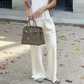 Elegant high-waisted white acetate satin straight leg trousers for women - S / Bottoms / Beige