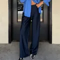 Elegant navy blue satin wide-leg trousers with high waist and smooth drape texture. - S / Bottoms / Blue