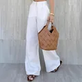 Elegante witte broek met hoge taille en wijde pijpen voor dames met een casual pasvorm - S / Bottoms / Wit