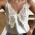 Elegant white lace V-neck camisole with satin-like finish for chic summer outfits - S / Tops / Apricot