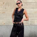 Elegant black satin two-piece set with lace V-neck tank top and straight trousers - S / Top And Bottom / Black