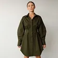 Franse stijl olijfgroene hemdjurk met geplooide taille en A-lijn rok met lange mouw - S / Dresses / Groen