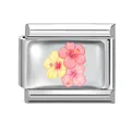 Eslabón de charm italiano de acero inoxidable con diseño de flores de hibisco rosa - Triple Flores de Hibisco (Estilo 15) / 1 Pieza
