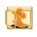 Goldener italienischer Modul-Charm mit orangefarbenem Cowboyhut und Stiefel für DIY-Schmuck - Gold Basis Stiefel und Hut / Gold